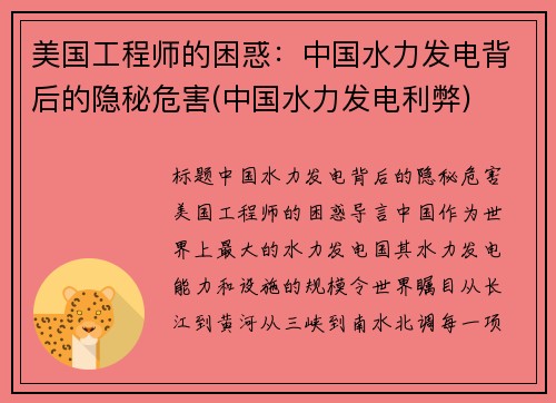 美国工程师的困惑：中国水力发电背后的隐秘危害(中国水力发电利弊)