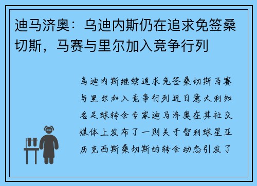 迪马济奥：乌迪内斯仍在追求免签桑切斯，马赛与里尔加入竞争行列