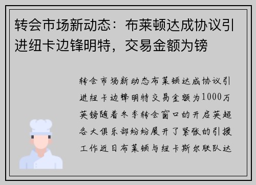 转会市场新动态：布莱顿达成协议引进纽卡边锋明特，交易金额为镑