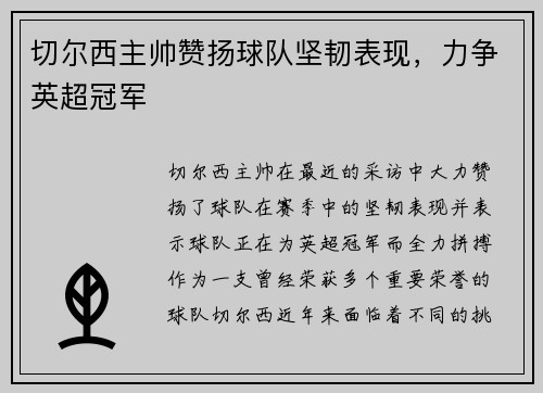 切尔西主帅赞扬球队坚韧表现，力争英超冠军