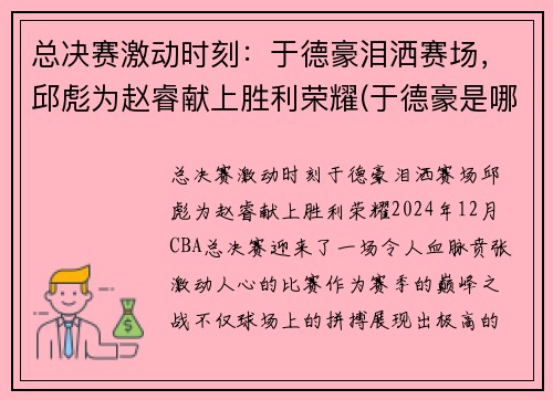 总决赛激动时刻：于德豪泪洒赛场，邱彪为赵睿献上胜利荣耀(于德豪是哪个队的)