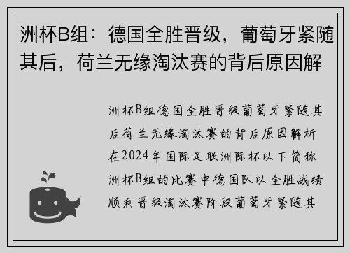 洲杯B组：德国全胜晋级，葡萄牙紧随其后，荷兰无缘淘汰赛的背后原因解析
