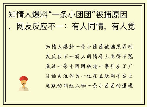 知情人爆料“一条小团团”被捕原因，网友反应不一：有人同情，有人觉得“不冤”